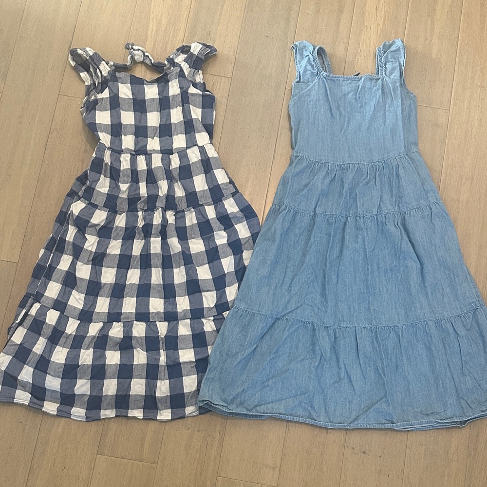 Girls' Blue Gingham & Chambray Tiered Maxi Dresses - Twin Set